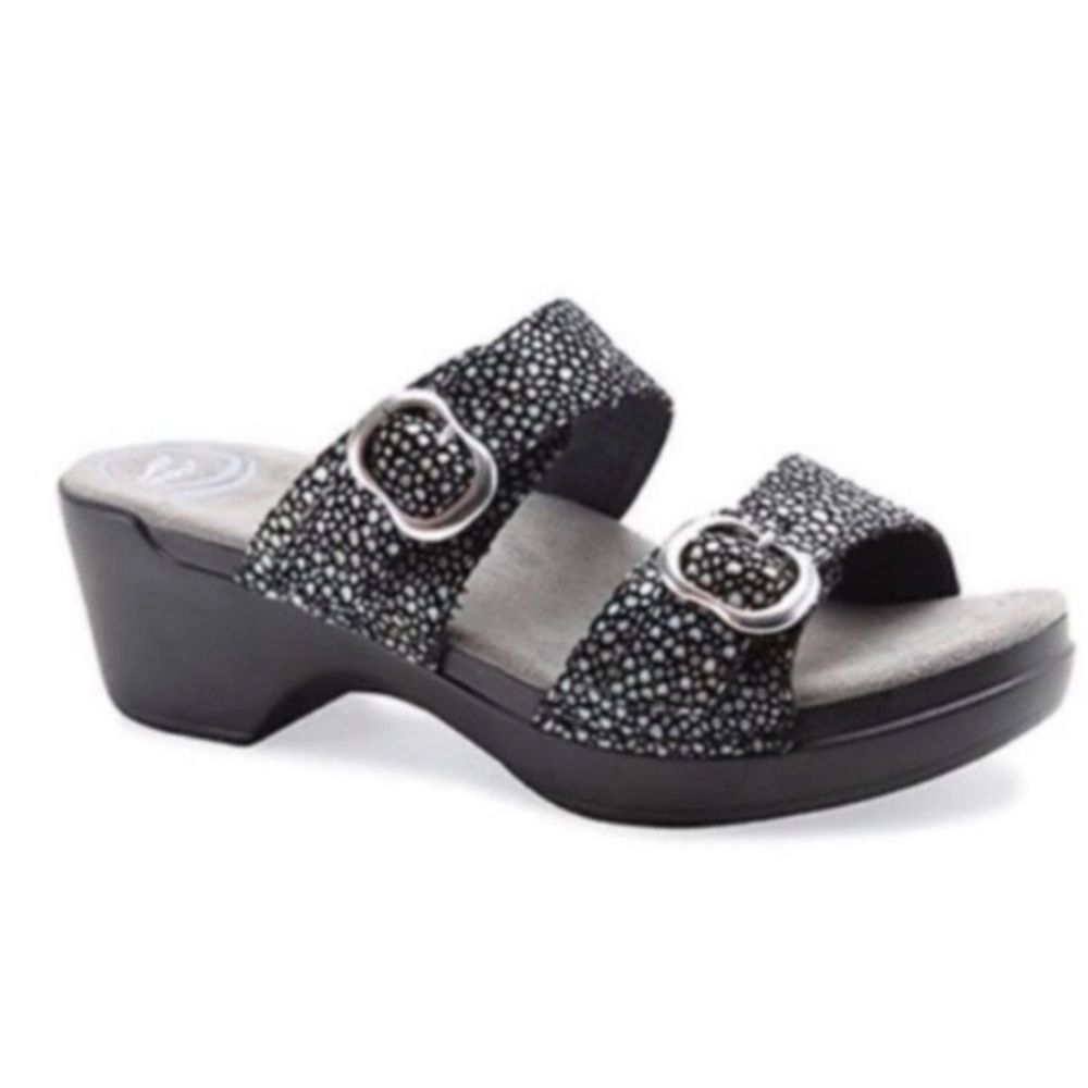 Dansko Sophie Black White Polka Dot Leather Slide Wedge Sandals - Size 6.5